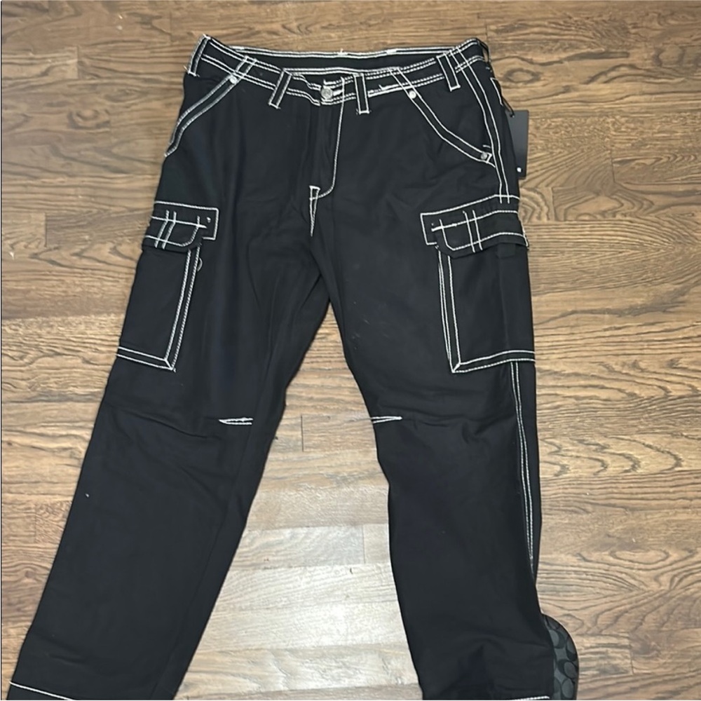 True Religion Black Cargo Pants with White Stitching